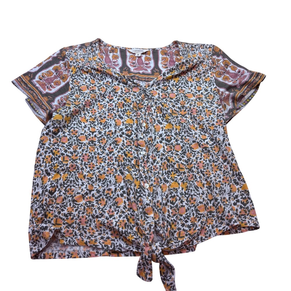 Lucky Brand‎ Floral Tie Front Button Down Shirt Womens Medium Multicolor Cotton